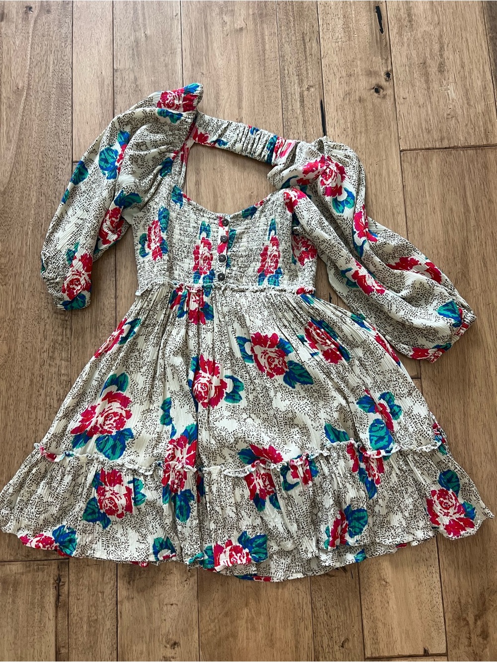 Free People Floral Puff Sleeve Dress in Cream with Red/Pink & Teal